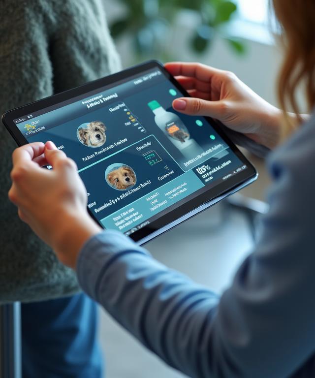 Groomer nutzt ein Tablet für die smarte Tierpflege und KI Haustieranalyse